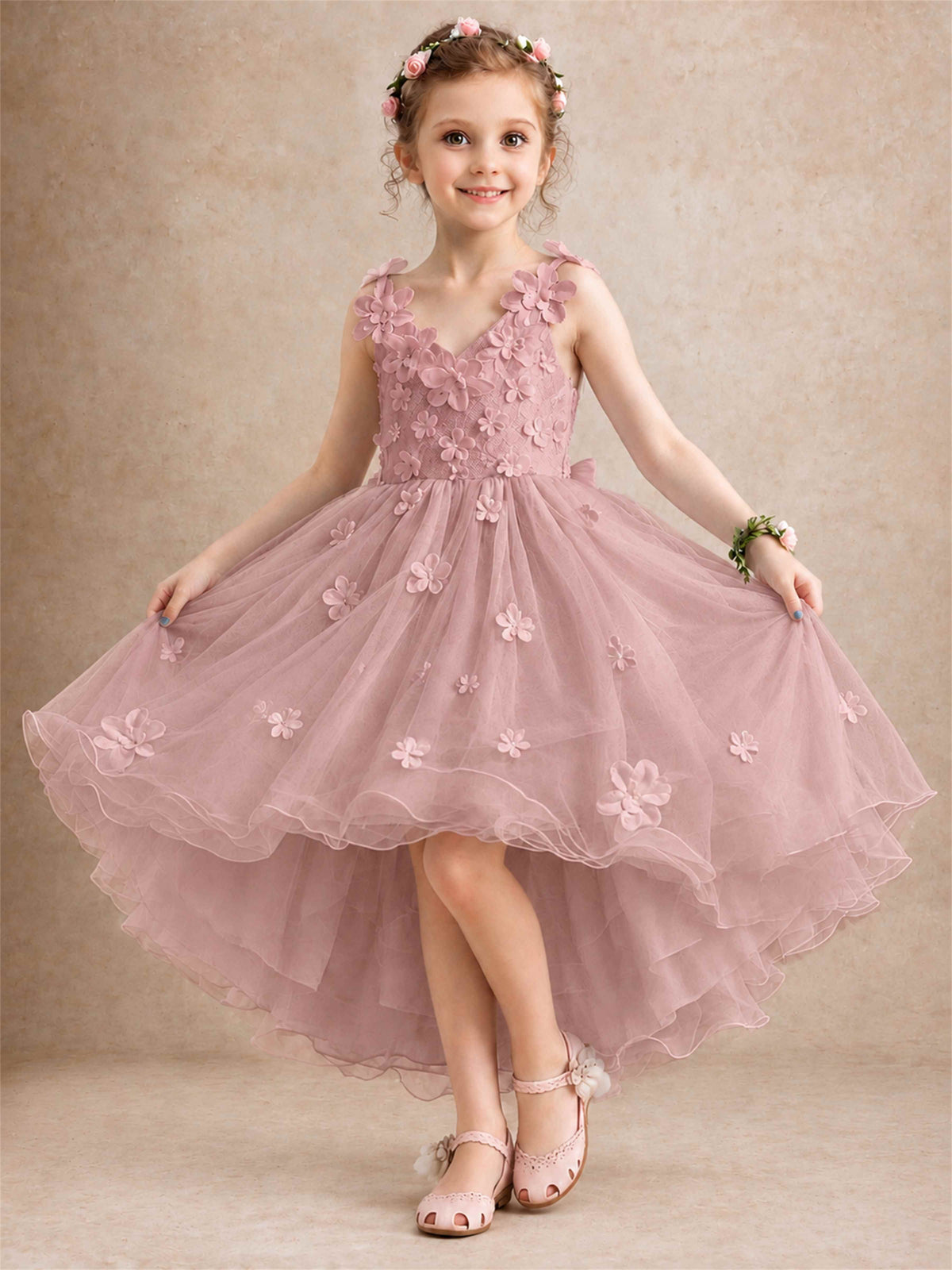 3D Floral Tulle Flower Girl Dress V-Neck Spaghetti Strap High Low Kids for Wedding First Communion