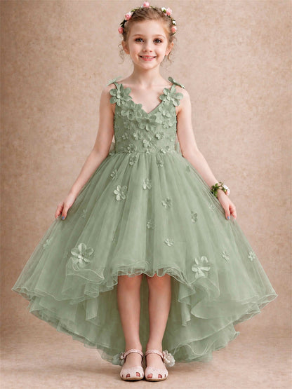 3D Floral Tulle Flower Girl Dress V-Neck Spaghetti Strap High Low Kids for Wedding First Communion