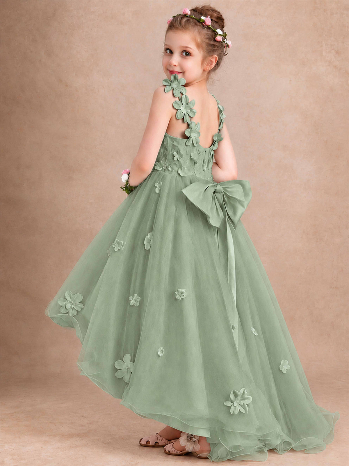 3D Floral Tulle Flower Girl Dress V-Neck Spaghetti Strap High Low Kids for Wedding First Communion