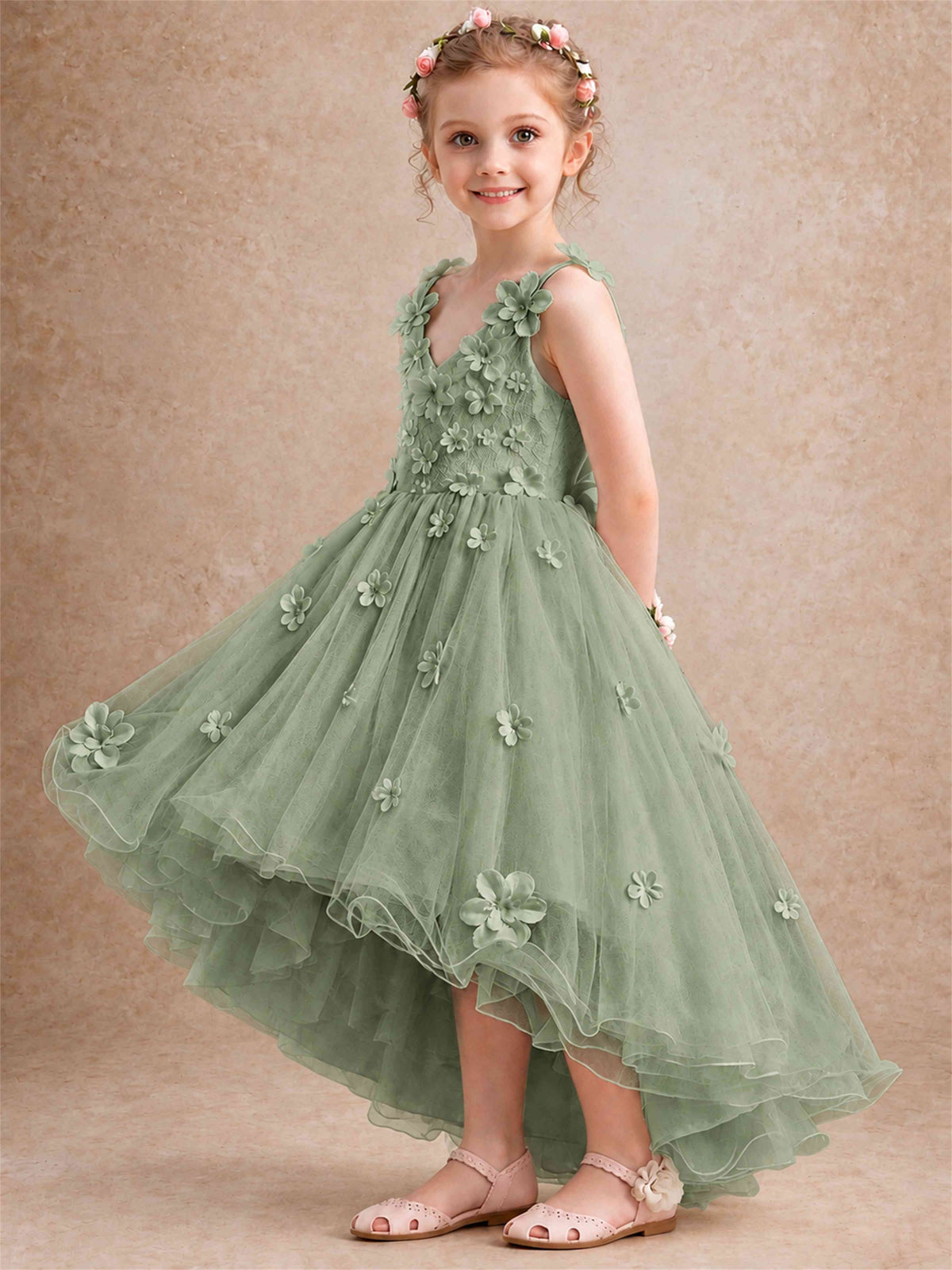 3D Floral Tulle Flower Girl Dress V-Neck Spaghetti Strap High Low Kids for Wedding First Communion