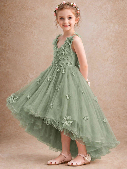 3D Floral Tulle Flower Girl Dress V-Neck Spaghetti Strap High Low Kids for Wedding First Communion