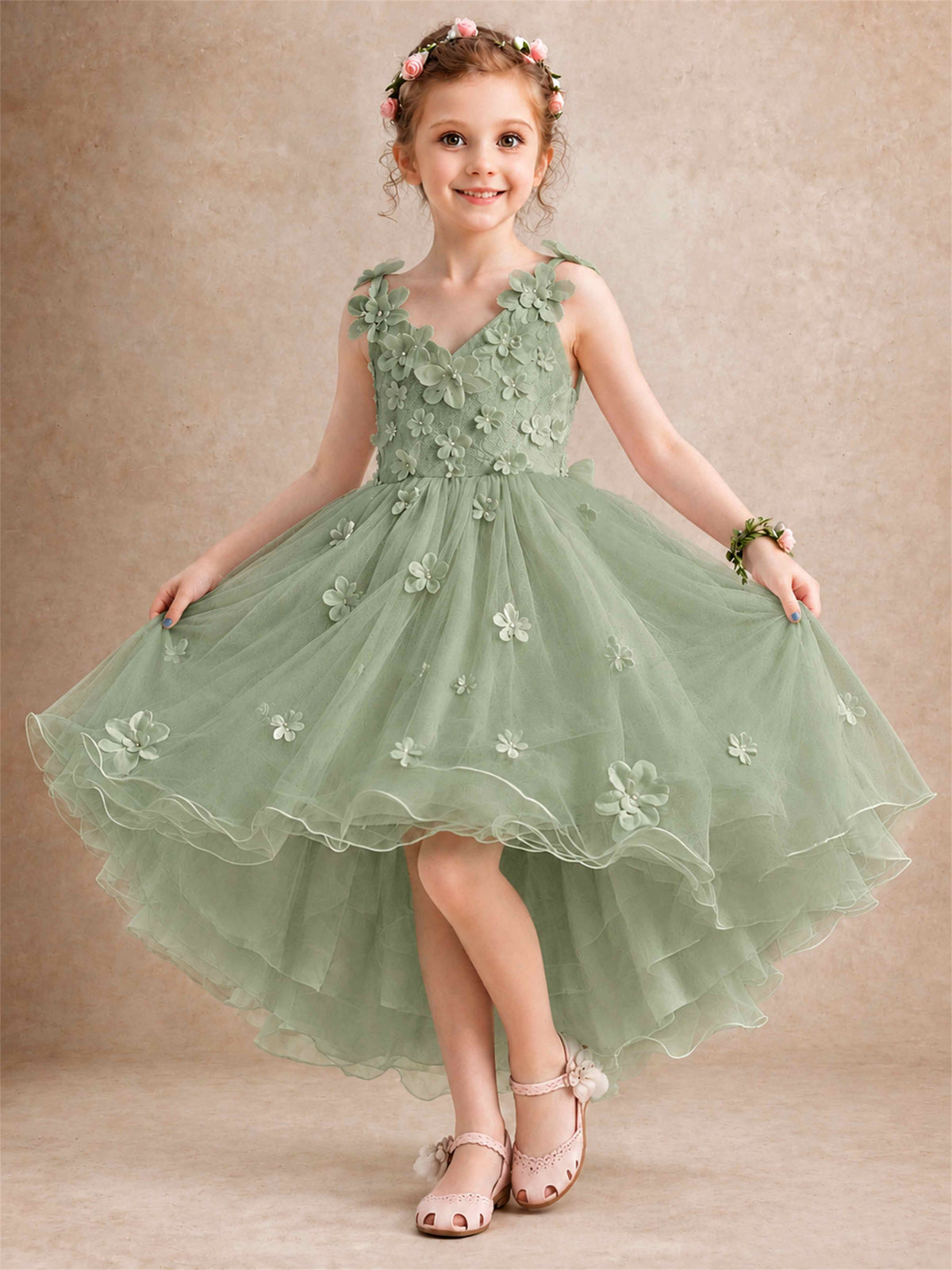 3D Floral Tulle Flower Girl Dress V-Neck Spaghetti Strap High Low Kids for Wedding First Communion