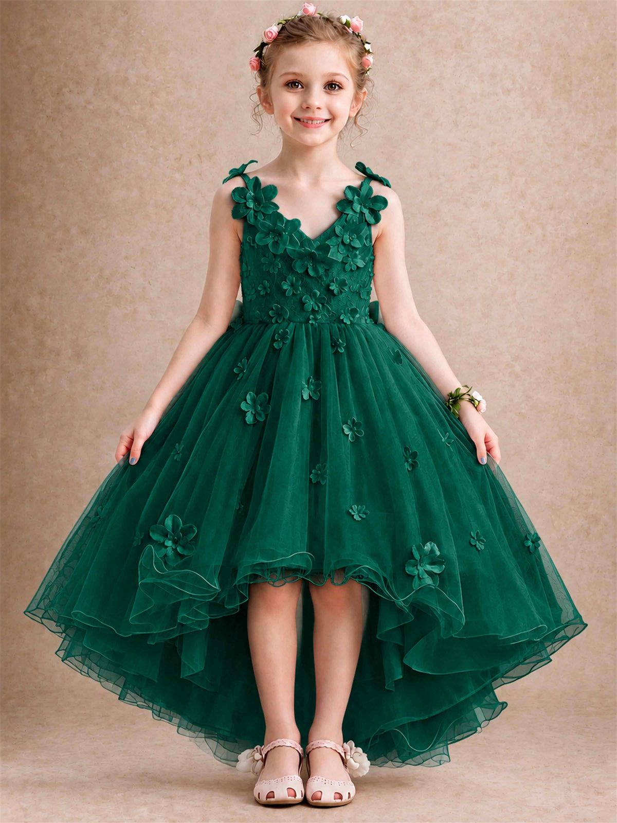 3D Floral Tulle Flower Girl Dress V-Neck Spaghetti Strap High Low Kids for Wedding First Communion
