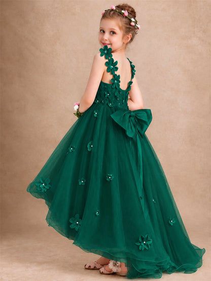 3D Floral Tulle Flower Girl Dress V-Neck Spaghetti Strap High Low Kids for Wedding First Communion