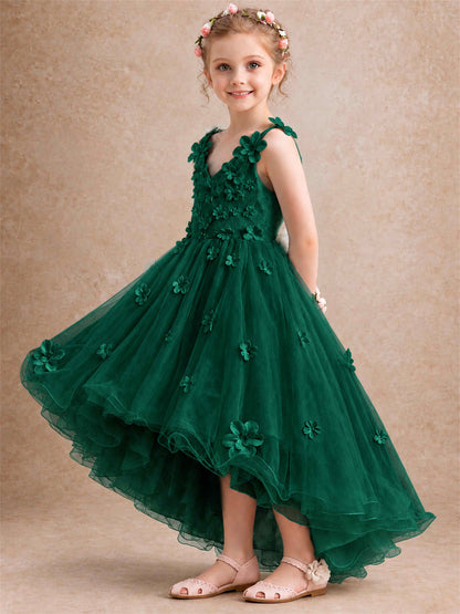 3D Floral Tulle Flower Girl Dress V-Neck Spaghetti Strap High Low Kids for Wedding First Communion