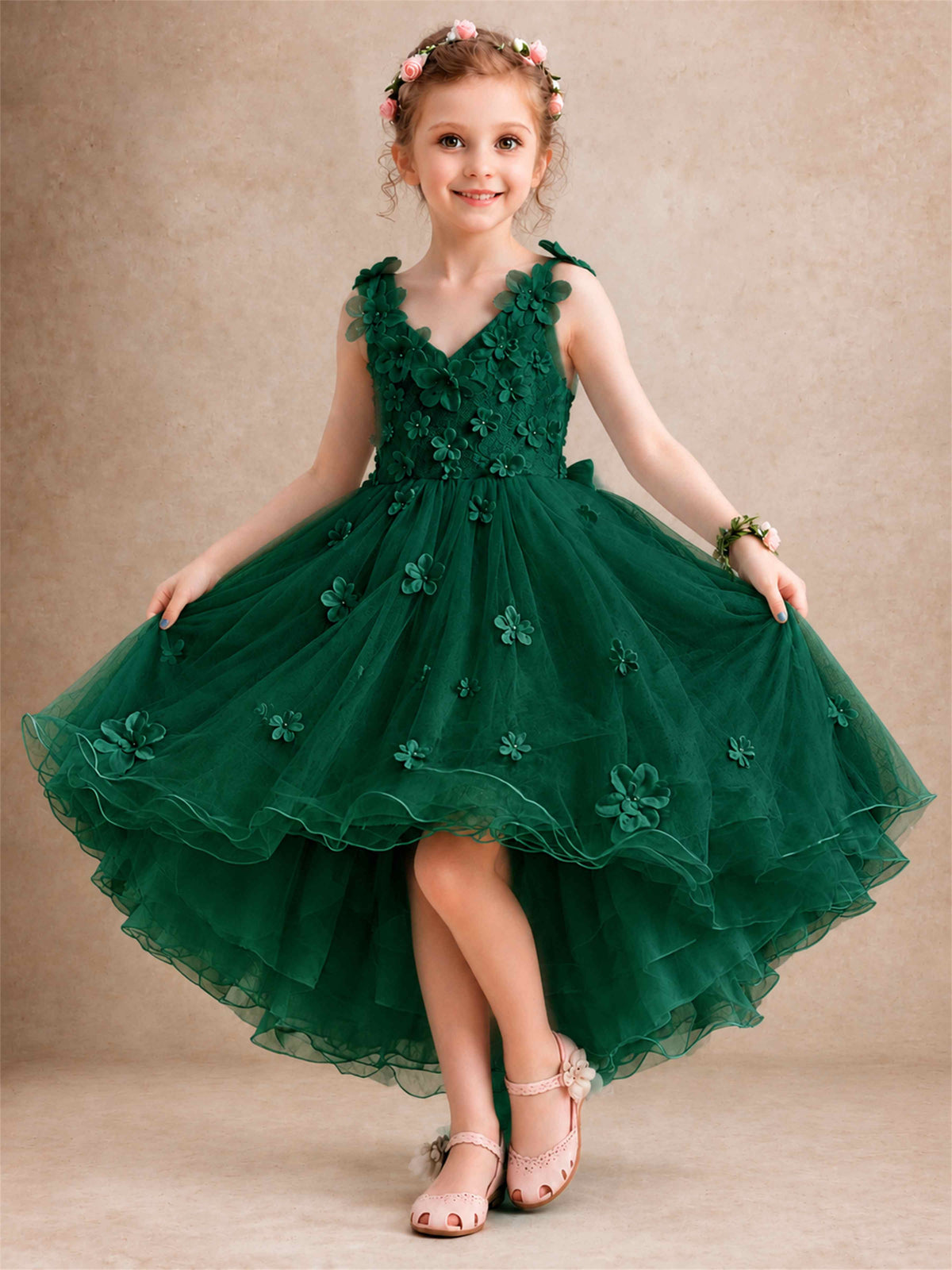 3D Floral Tulle Flower Girl Dress V-Neck Spaghetti Strap High Low Kids for Wedding First Communion