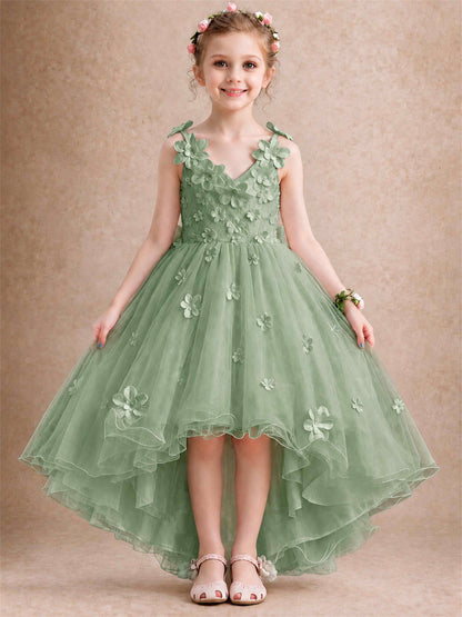 3D Floral Tulle Flower Girl Dress V-Neck Spaghetti Strap High Low Kids for Wedding First Communion