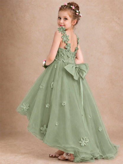 3D Floral Tulle Flower Girl Dress V-Neck Spaghetti Strap High Low Kids for Wedding First Communion