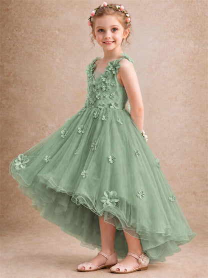 3D Floral Tulle Flower Girl Dress V-Neck Spaghetti Strap High Low Kids for Wedding First Communion