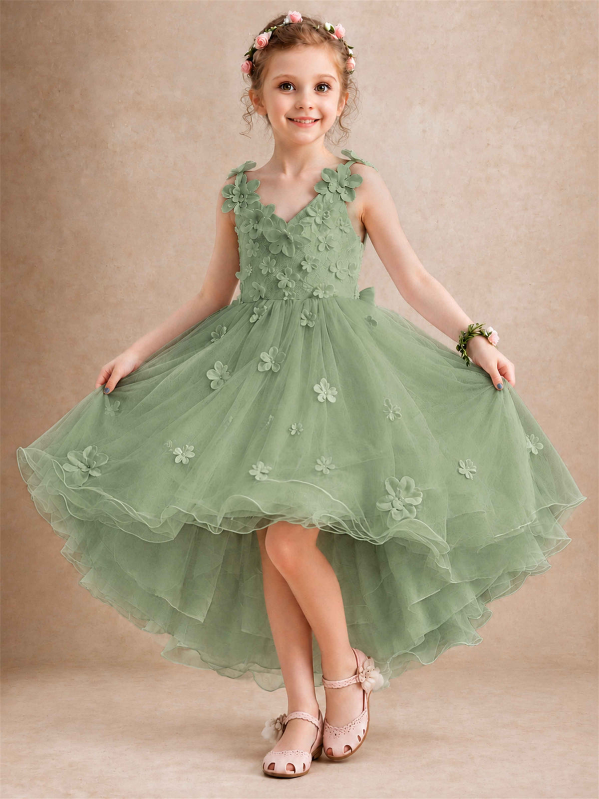 3D Floral Tulle Flower Girl Dress V-Neck Spaghetti Strap High Low Kids for Wedding First Communion