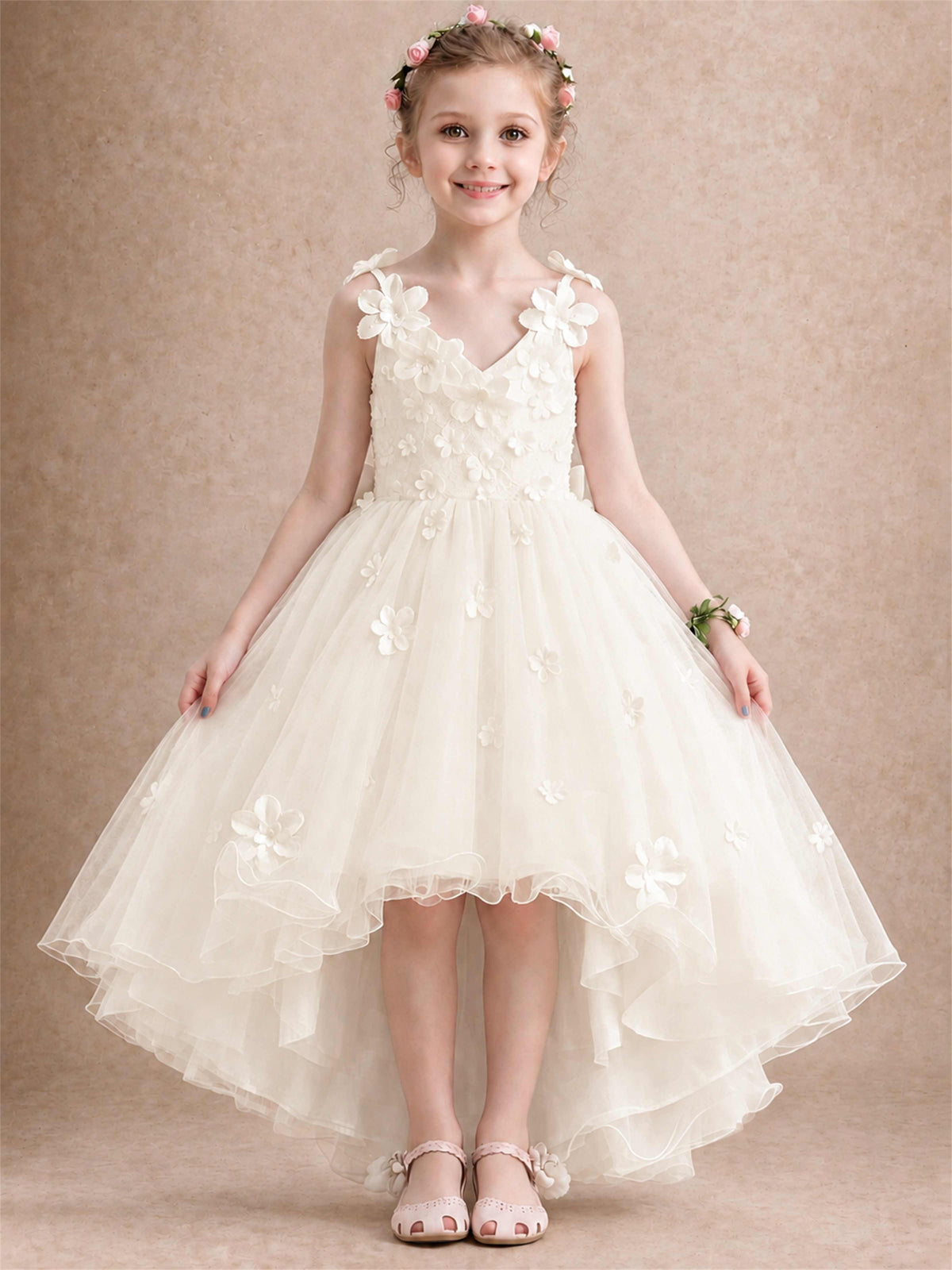 3D Floral Tulle Flower Girl Dress V-Neck Spaghetti Strap High Low Kids for Wedding First Communion