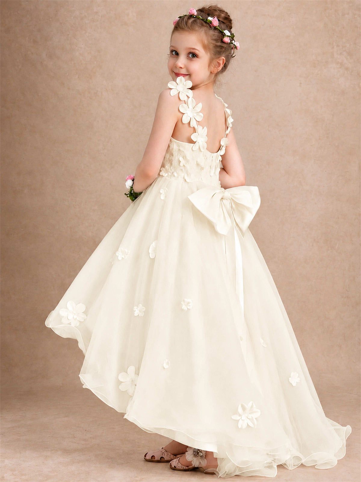 3D Floral Tulle Flower Girl Dress V-Neck Spaghetti Strap High Low Kids for Wedding First Communion