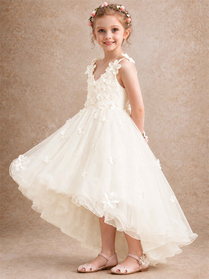3D Floral Tulle Flower Girl Dress V-Neck Spaghetti Strap High Low Kids for Wedding First Communion