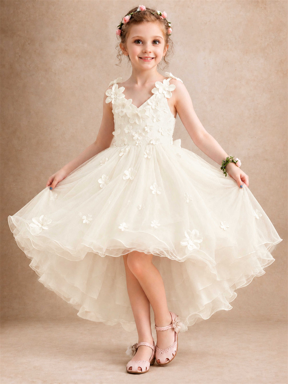 3D Floral Tulle Flower Girl Dress V-Neck Spaghetti Strap High Low Kids for Wedding First Communion