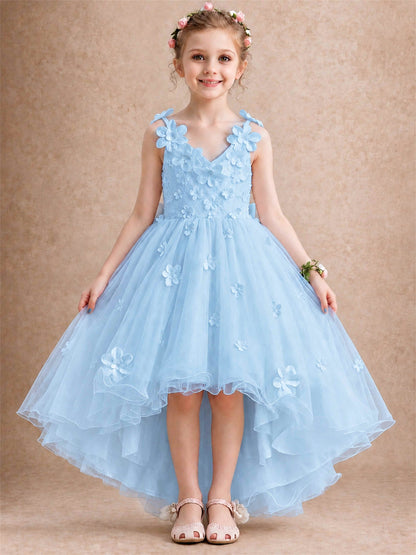 3D Floral Tulle Flower Girl Dress V-Neck Spaghetti Strap High Low Kids for Wedding First Communion
