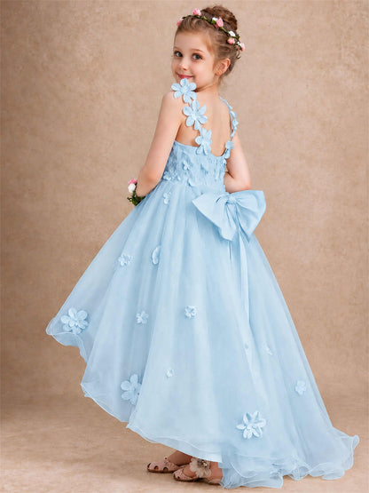 3D Floral Tulle Flower Girl Dress V-Neck Spaghetti Strap High Low Kids for Wedding First Communion