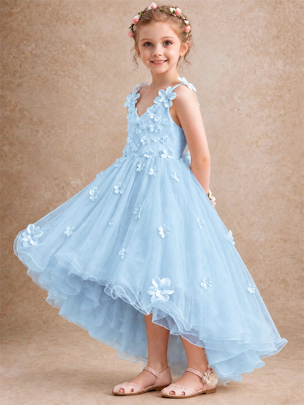 3D Floral Tulle Flower Girl Dress V-Neck Spaghetti Strap High Low Kids for Wedding First Communion