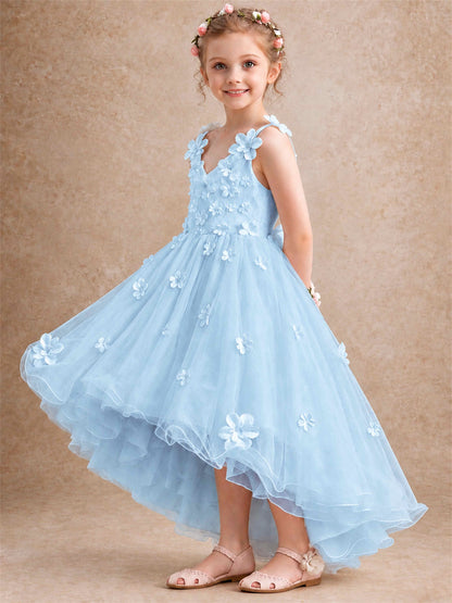 3D Floral Tulle Flower Girl Dress V-Neck Spaghetti Strap High Low Kids for Wedding First Communion