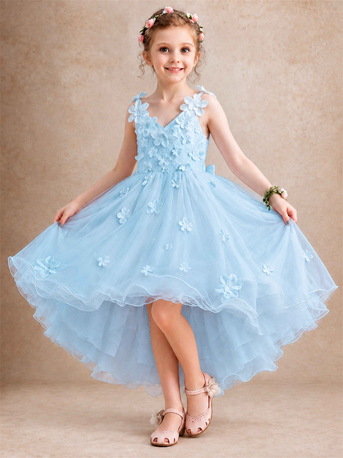 3D Floral Tulle Flower Girl Dress V-Neck Spaghetti Strap High Low Kids for Wedding First Communion
