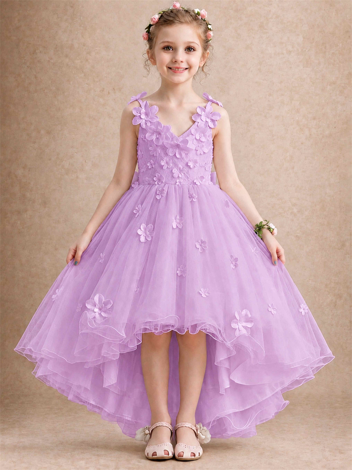 3D Floral Tulle Flower Girl Dress V-Neck Spaghetti Strap High Low Kids for Wedding First Communion