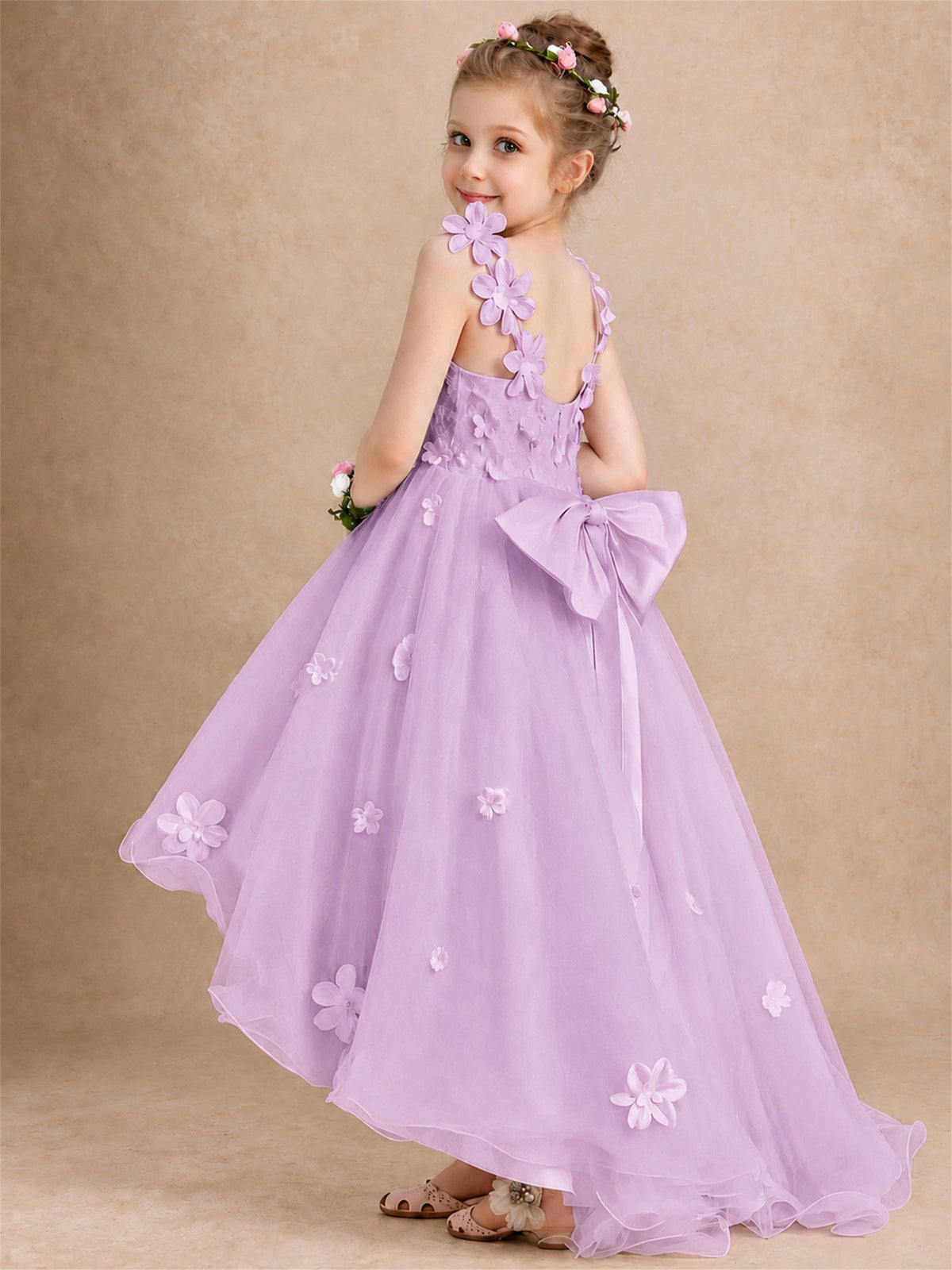 3D Floral Tulle Flower Girl Dress V-Neck Spaghetti Strap High Low Kids for Wedding First Communion