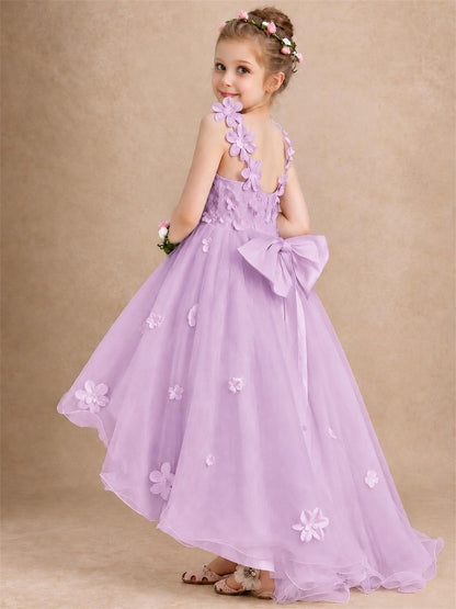 3D Floral Tulle Flower Girl Dress V-Neck Spaghetti Strap High Low Kids for Wedding First Communion