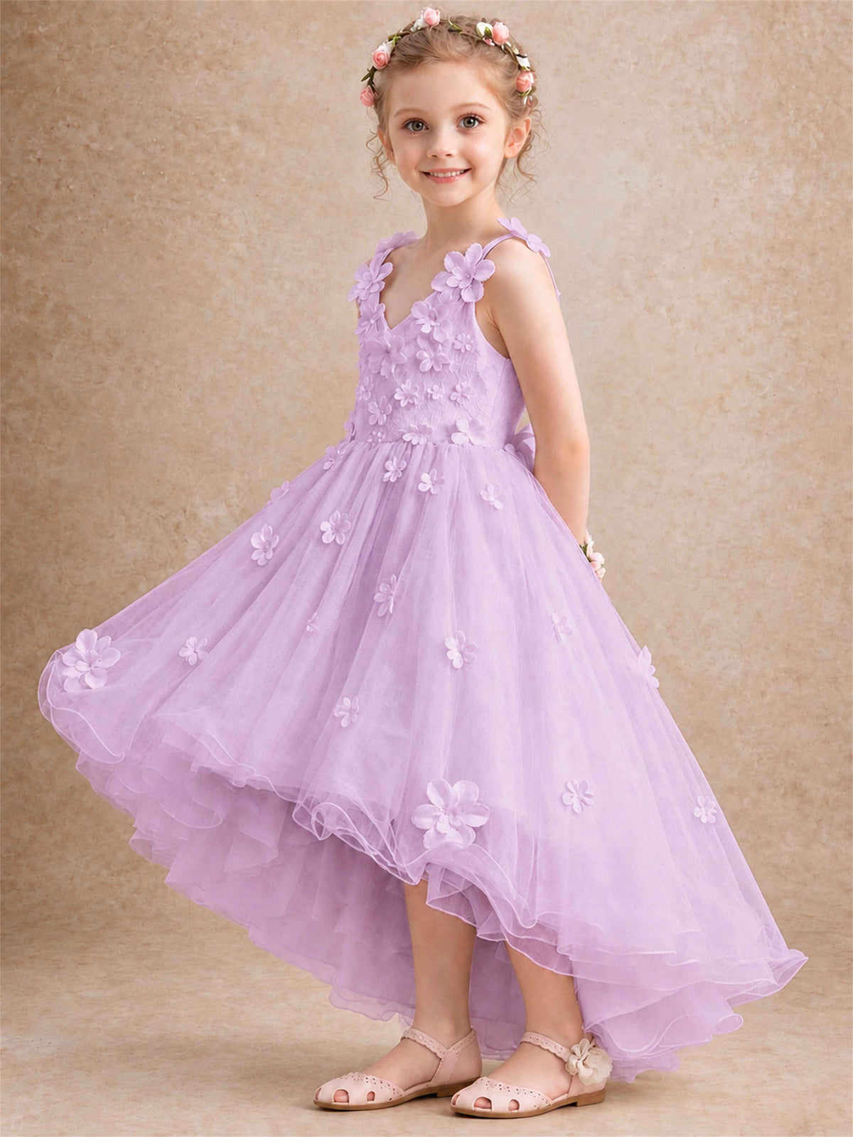 3D Floral Tulle Flower Girl Dress V-Neck Spaghetti Strap High Low Kids for Wedding First Communion