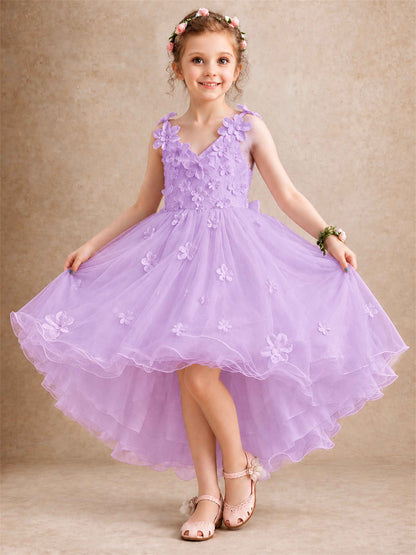 3D Floral Tulle Flower Girl Dress V-Neck Spaghetti Strap High Low Kids for Wedding First Communion