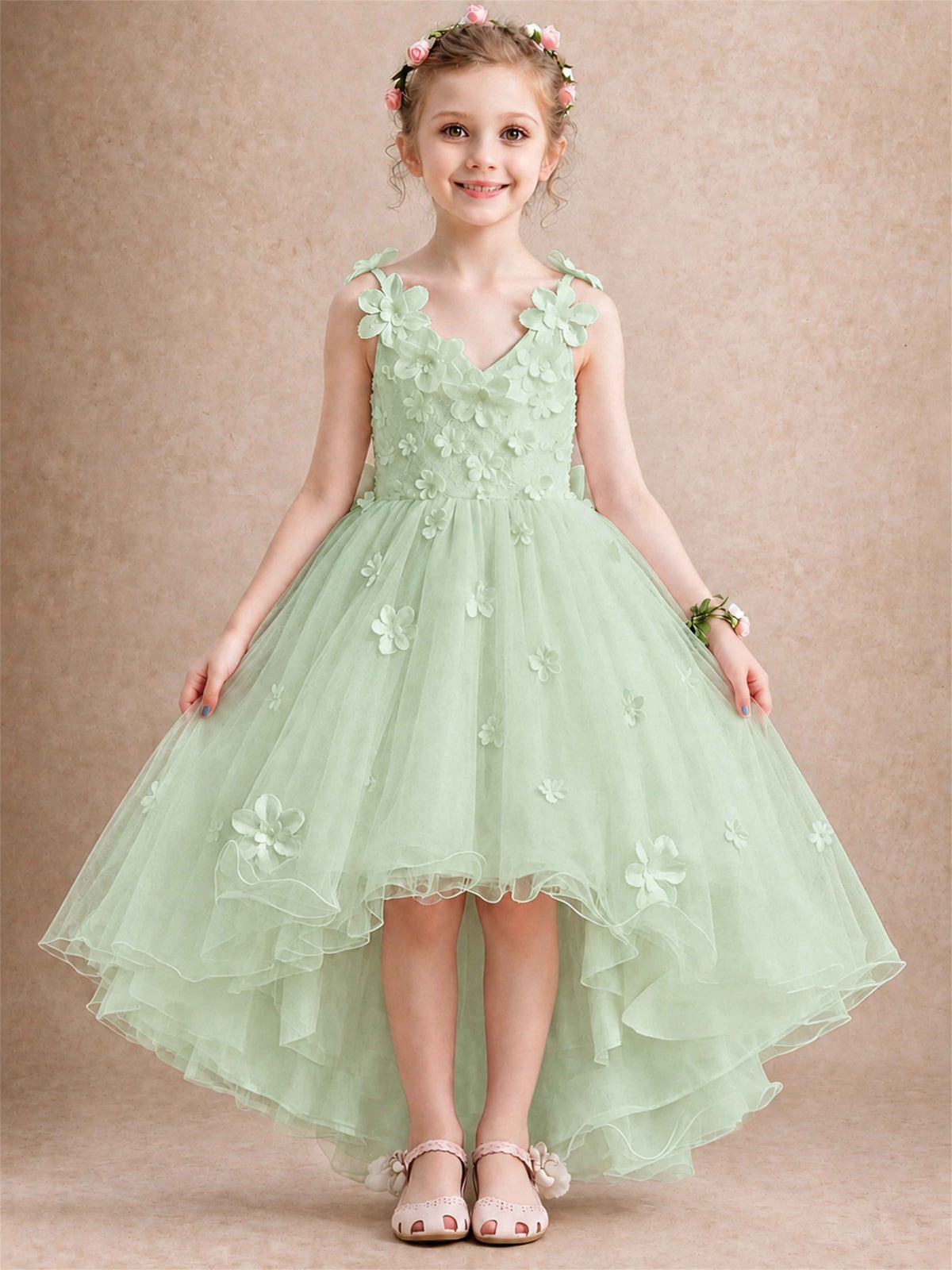 3D Floral Tulle Flower Girl Dress V-Neck Spaghetti Strap High Low Kids for Wedding First Communion