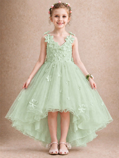 3D Floral Tulle Flower Girl Dress V-Neck Spaghetti Strap High Low Kids for Wedding First Communion