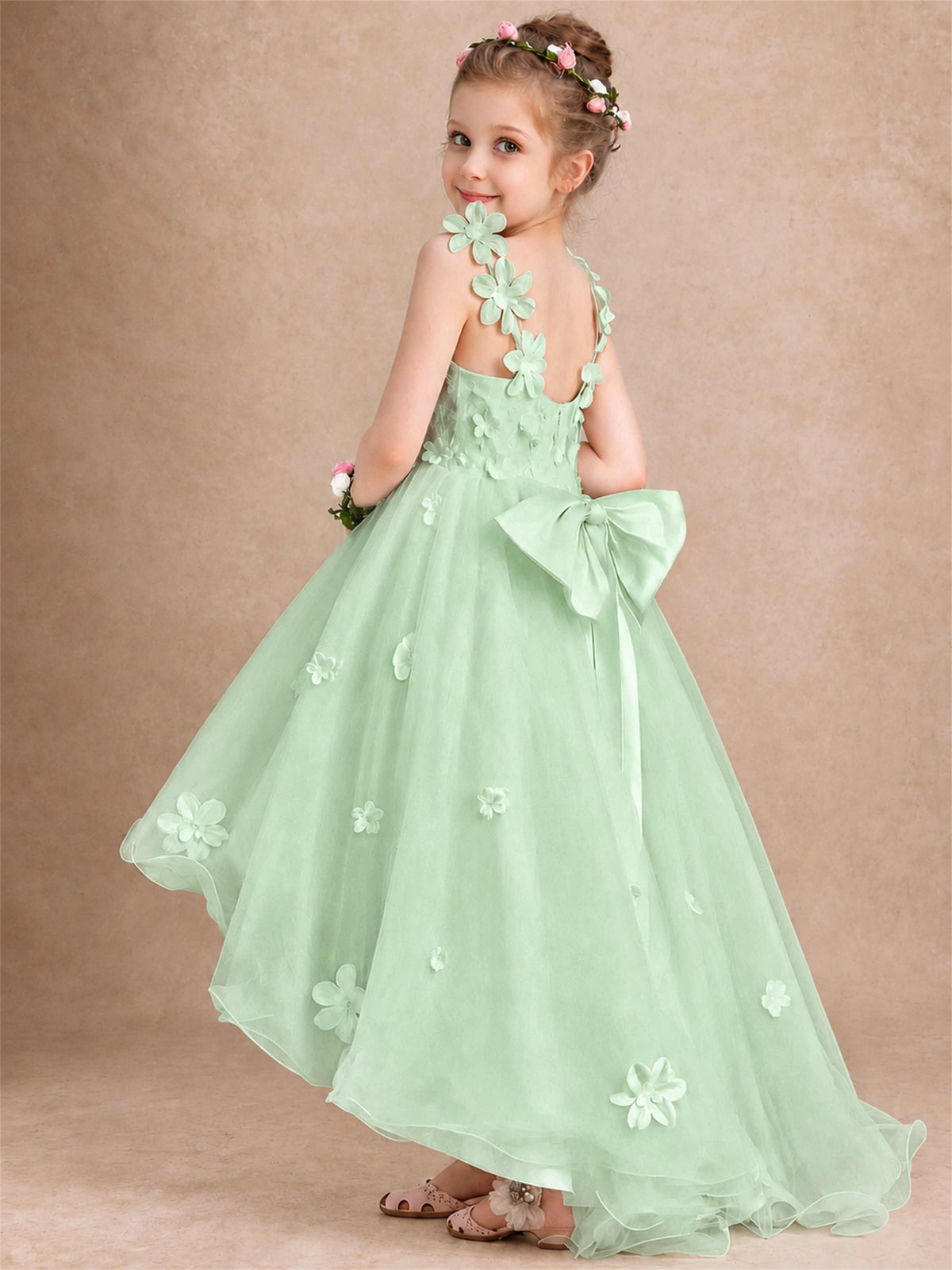 3D Floral Tulle Flower Girl Dress V-Neck Spaghetti Strap High Low Kids for Wedding First Communion