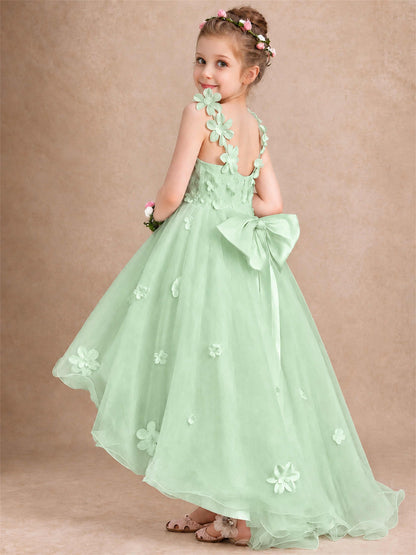 3D Floral Tulle Flower Girl Dress V-Neck Spaghetti Strap High Low Kids for Wedding First Communion