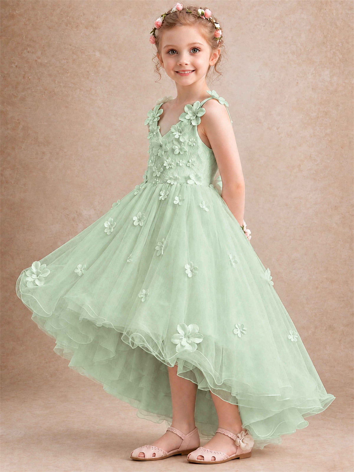 3D Floral Tulle Flower Girl Dress V-Neck Spaghetti Strap High Low Kids for Wedding First Communion
