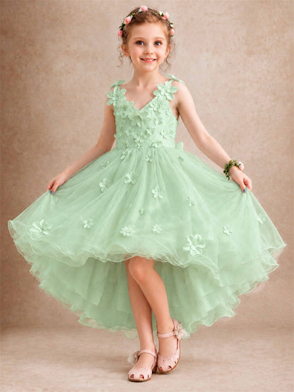 3D Floral Tulle Flower Girl Dress V-Neck Spaghetti Strap High Low Kids for Wedding First Communion