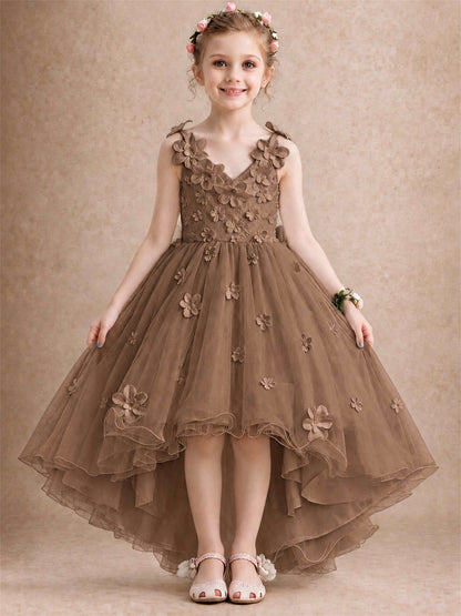 3D Floral Tulle Flower Girl Dress V-Neck Spaghetti Strap High Low Kids for Wedding First Communion