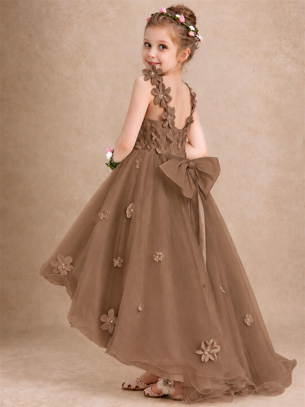 3D Floral Tulle Flower Girl Dress V-Neck Spaghetti Strap High Low Kids for Wedding First Communion