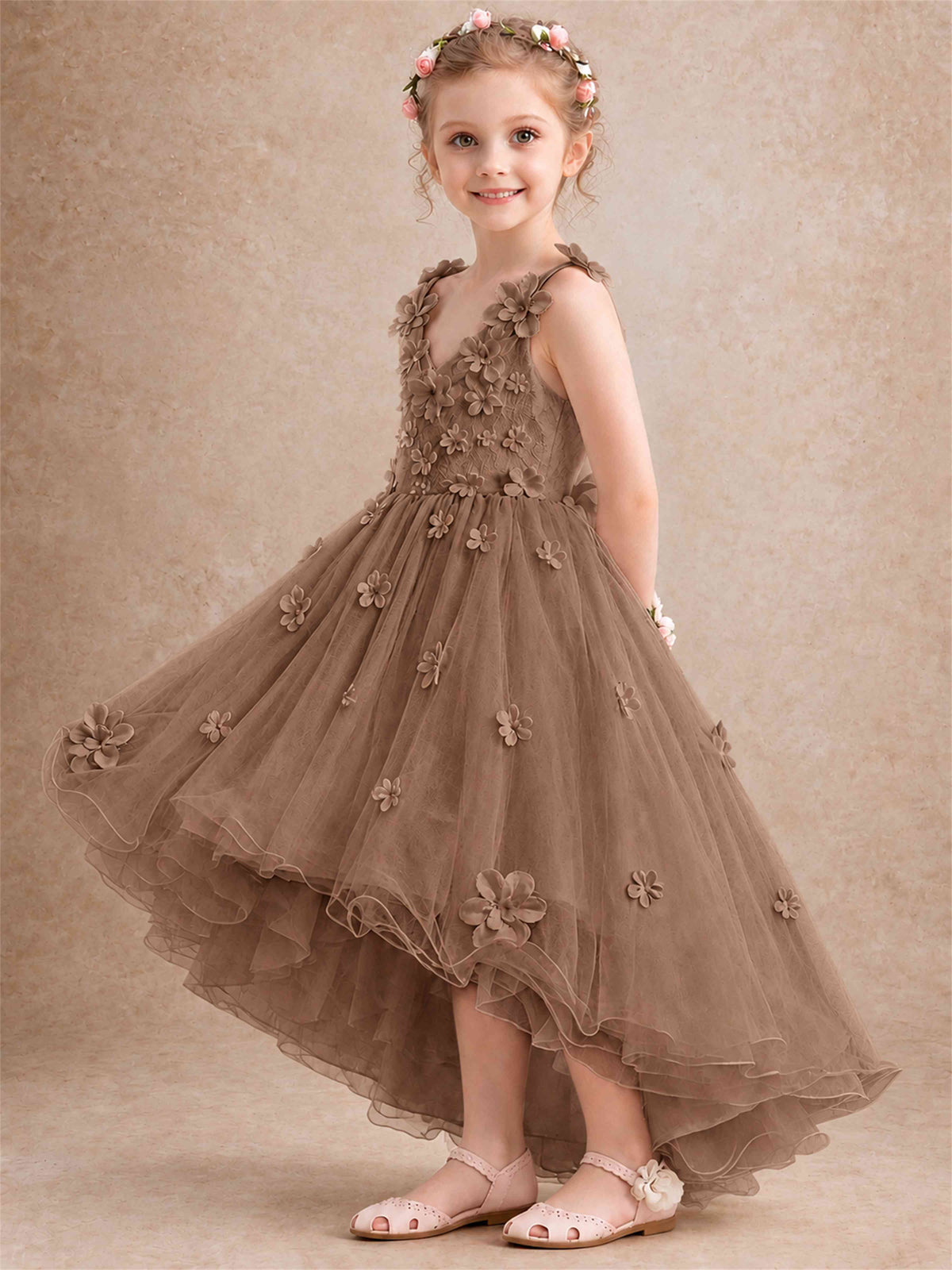 3D Floral Tulle Flower Girl Dress V-Neck Spaghetti Strap High Low Kids for Wedding First Communion