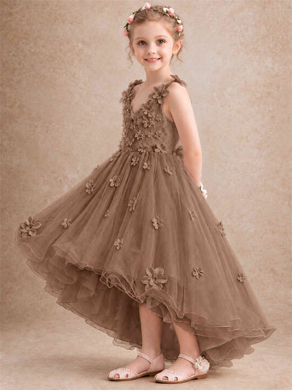 3D Floral Tulle Flower Girl Dress V-Neck Spaghetti Strap High Low Kids for Wedding First Communion