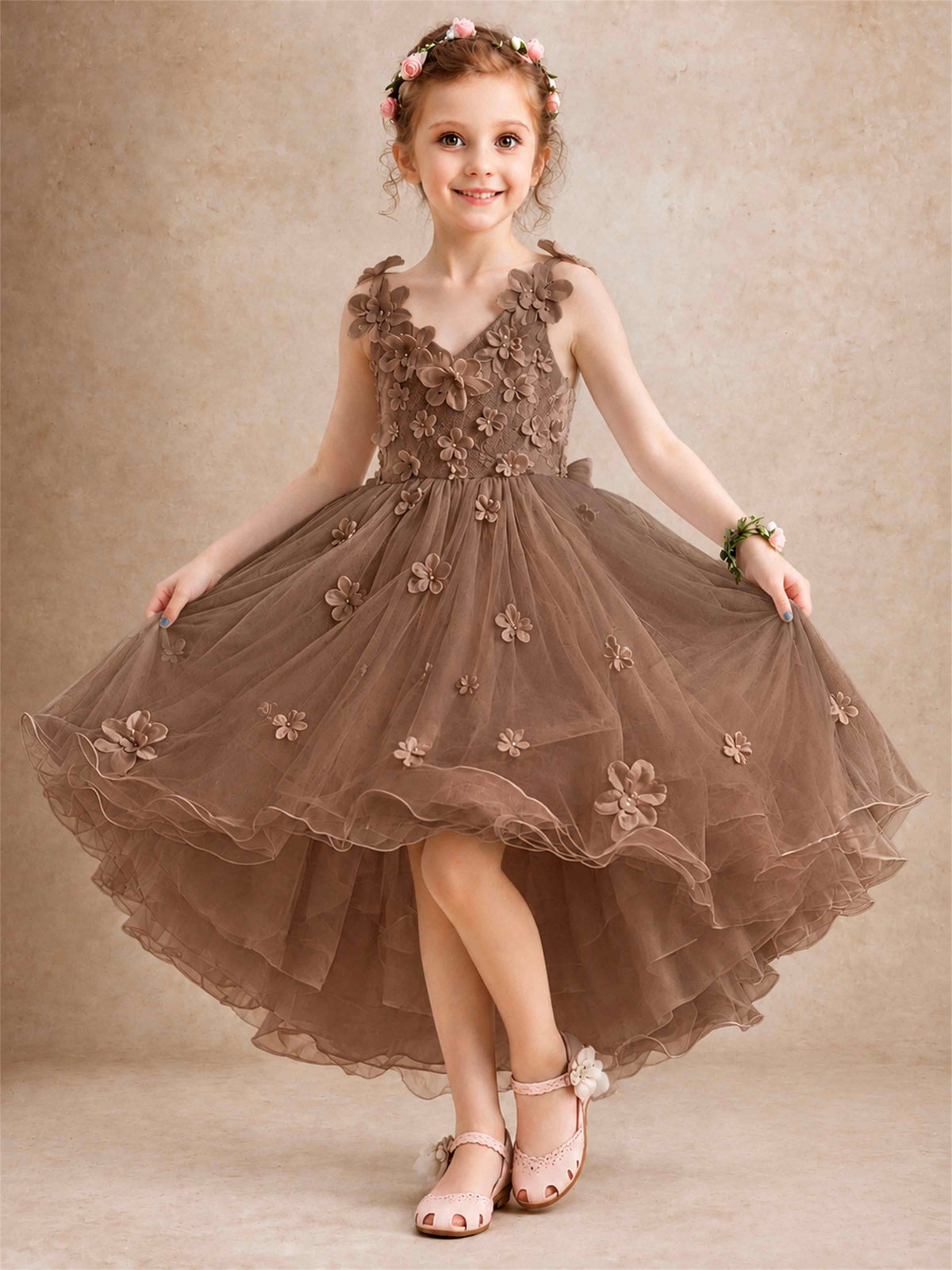 3D Floral Tulle Flower Girl Dress V-Neck Spaghetti Strap High Low Kids for Wedding First Communion