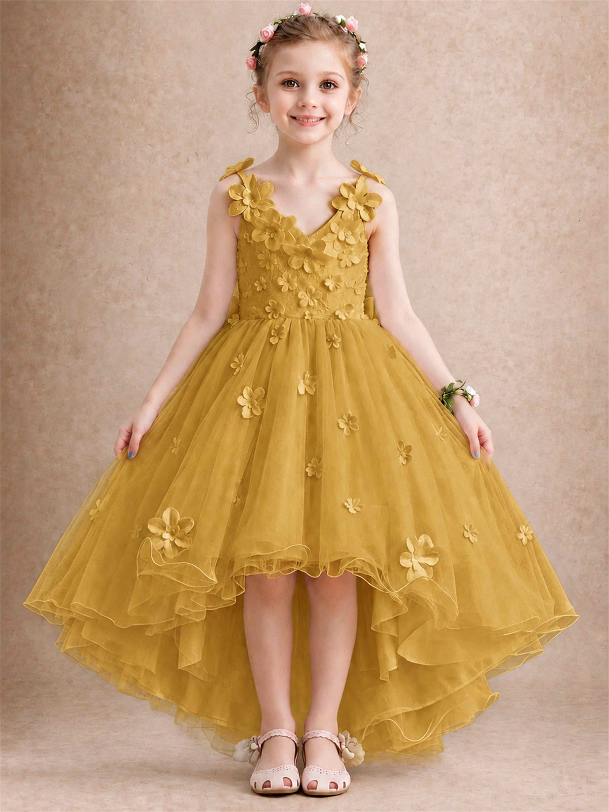 3D Floral Tulle Flower Girl Dress V-Neck Spaghetti Strap High Low Kids for Wedding First Communion