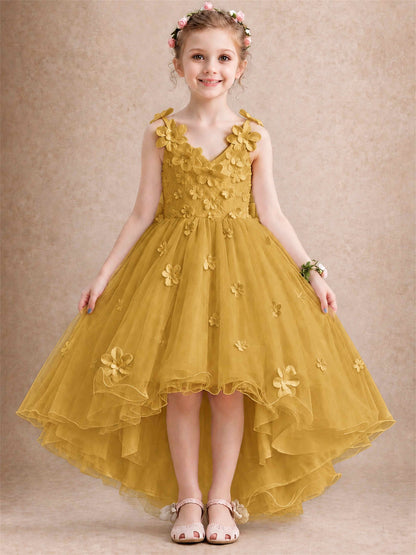3D Floral Tulle Flower Girl Dress V-Neck Spaghetti Strap High Low Kids for Wedding First Communion