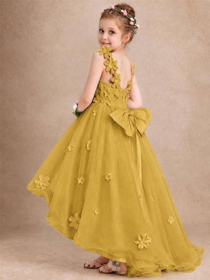 3D Floral Tulle Flower Girl Dress V-Neck Spaghetti Strap High Low Kids for Wedding First Communion