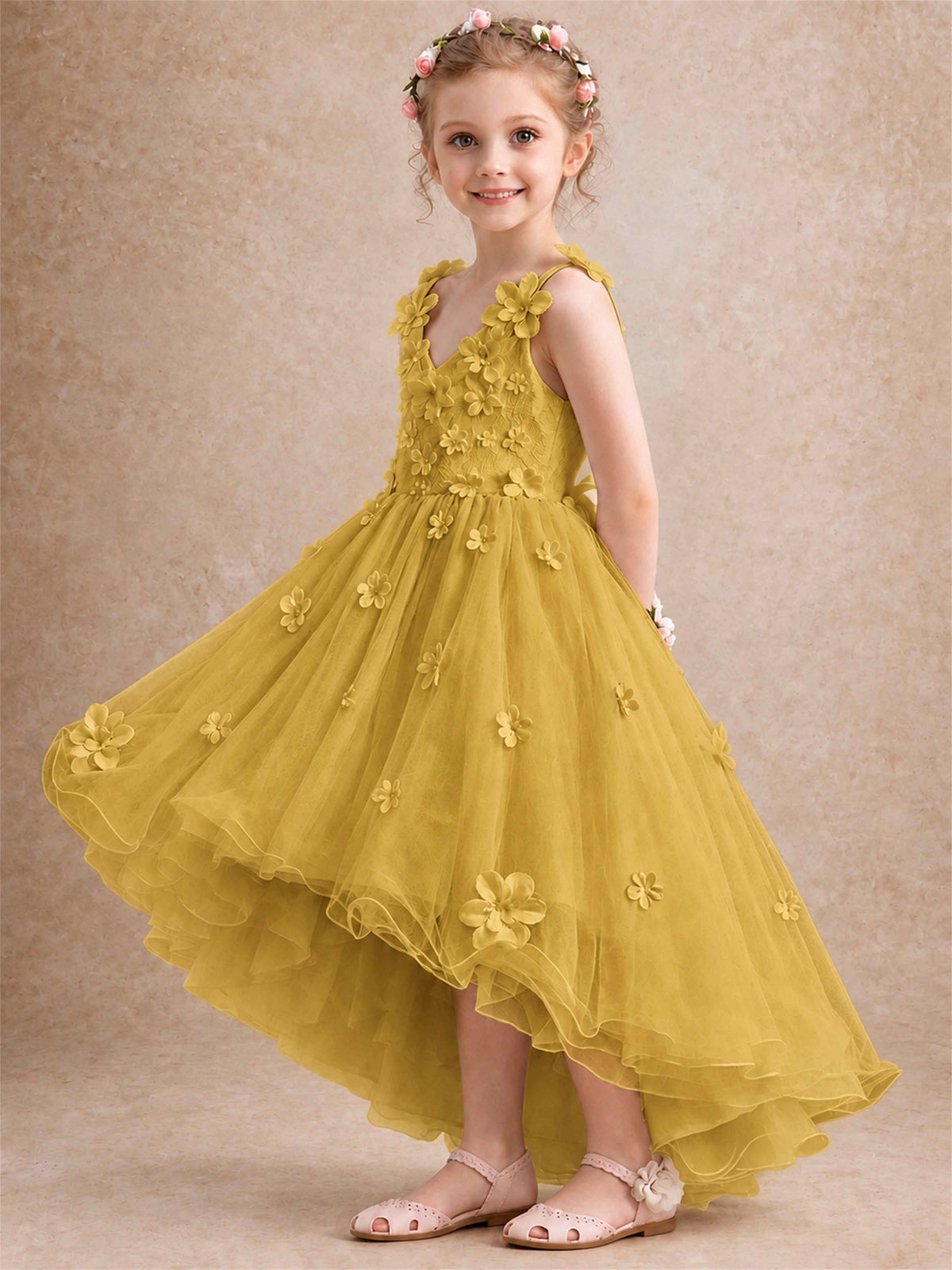 3D Floral Tulle Flower Girl Dress V-Neck Spaghetti Strap High Low Kids for Wedding First Communion
