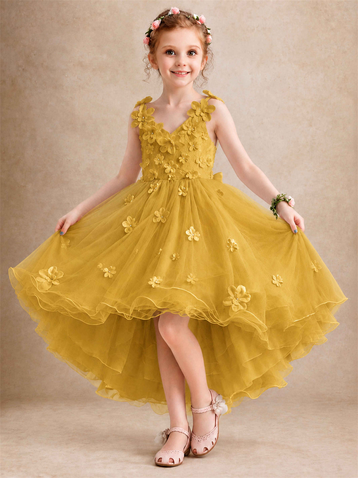 3D Floral Tulle Flower Girl Dress V-Neck Spaghetti Strap High Low Kids for Wedding First Communion