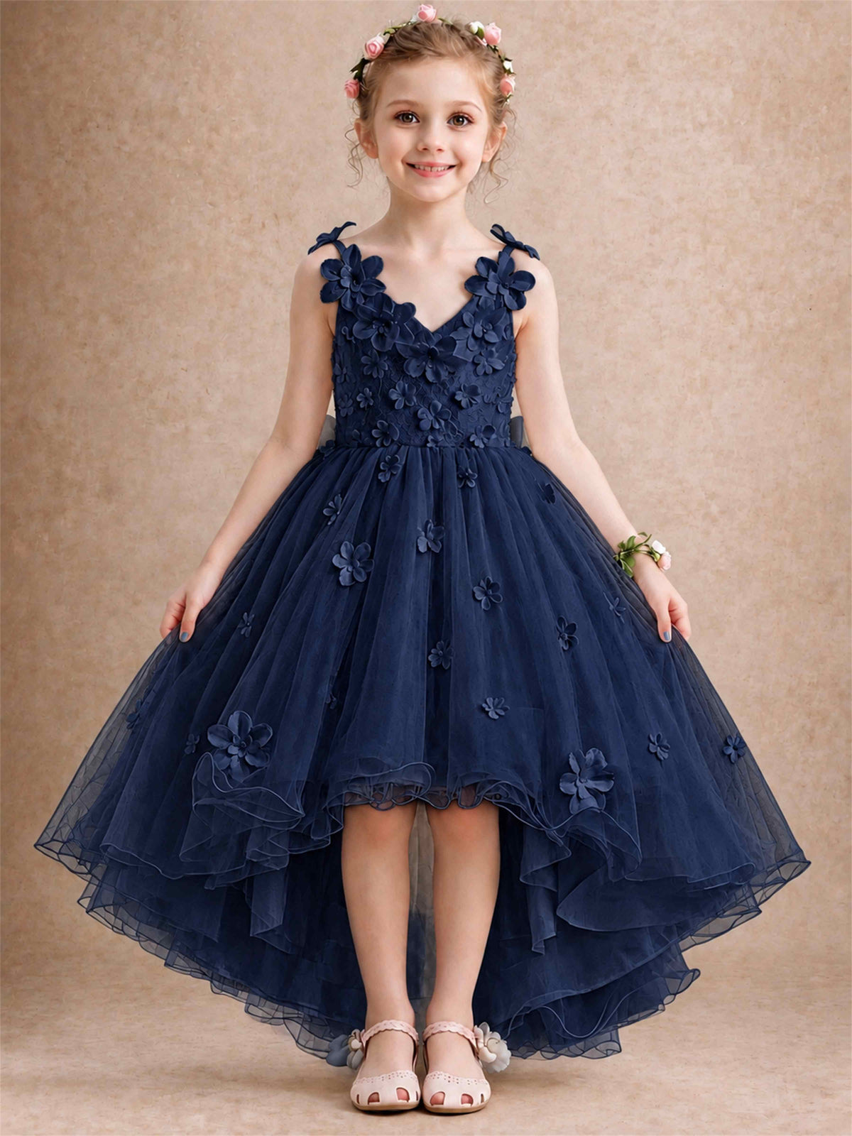 3D Floral Tulle Flower Girl Dress V-Neck Spaghetti Strap High Low Kids for Wedding First Communion