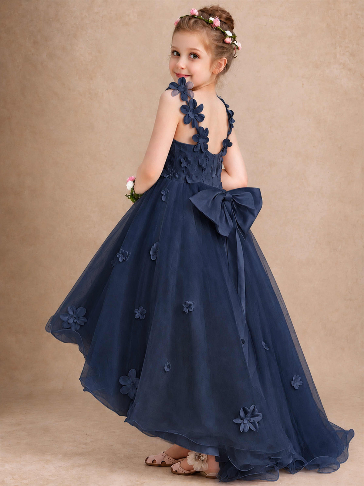 3D Floral Tulle Flower Girl Dress V-Neck Spaghetti Strap High Low Kids for Wedding First Communion