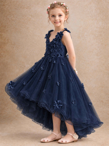 3D Floral Tulle Flower Girl Dress V-Neck Spaghetti Strap High Low Kids for Wedding First Communion