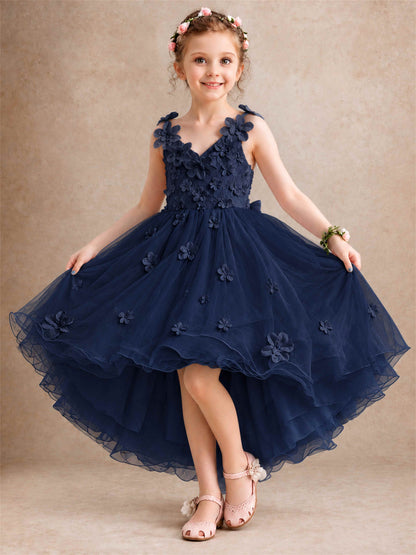 3D Floral Tulle Flower Girl Dress V-Neck Spaghetti Strap High Low Kids for Wedding First Communion