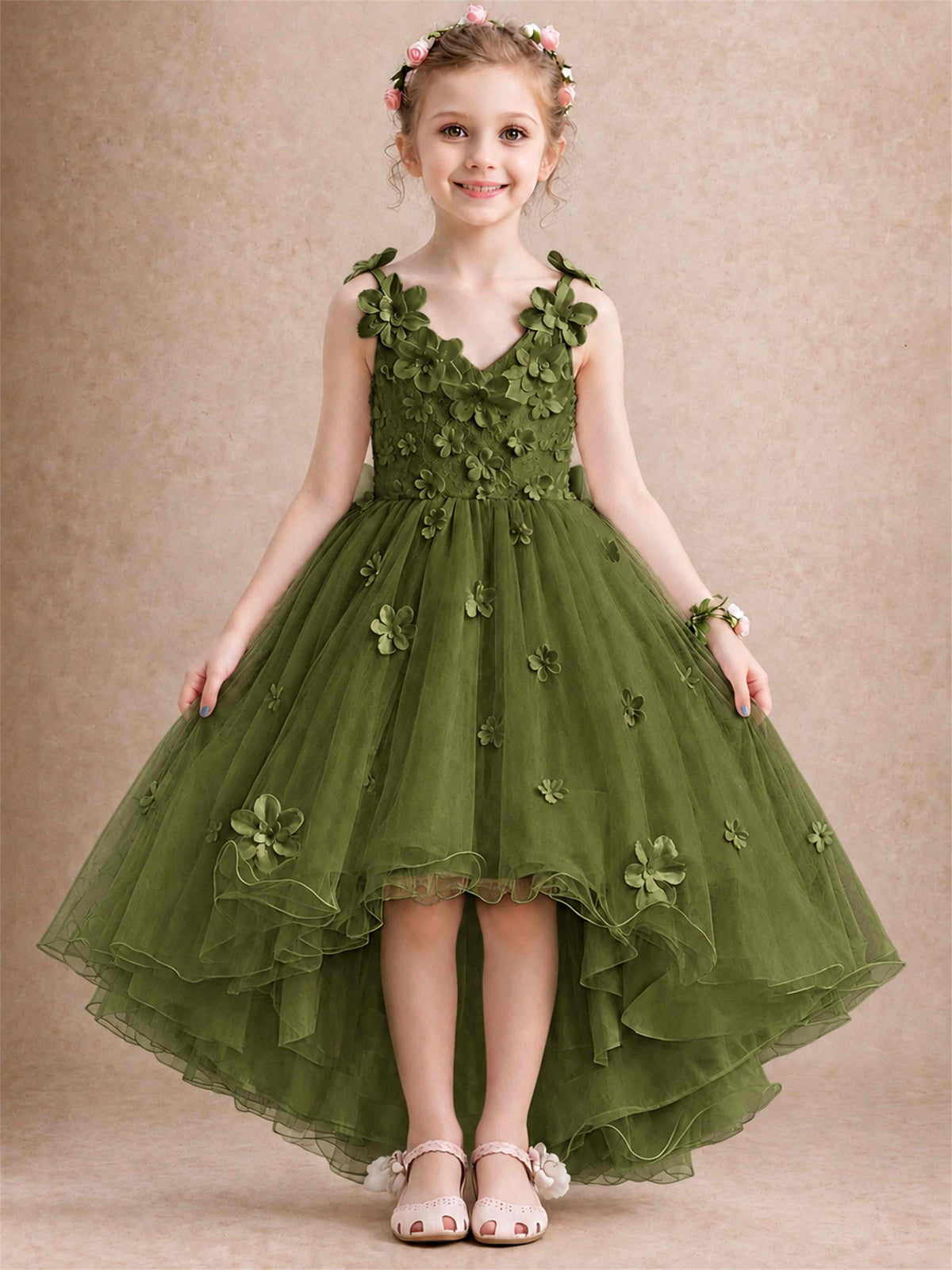 3D Floral Tulle Flower Girl Dress V-Neck Spaghetti Strap High Low Kids for Wedding First Communion
