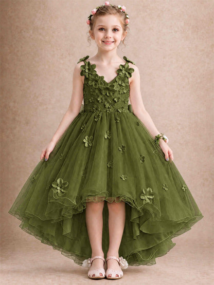 3D Floral Tulle Flower Girl Dress V-Neck Spaghetti Strap High Low Kids for Wedding First Communion